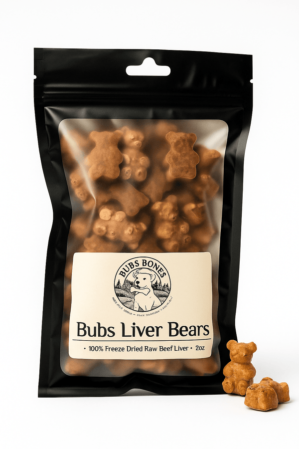 Bubs Liver Bears 2 oz bag of bear-shaped freeze-dried beef liver dog treats