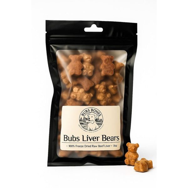 Bubs Liver Bears 2 oz bag of bear-shaped freeze-dried beef liver dog treats