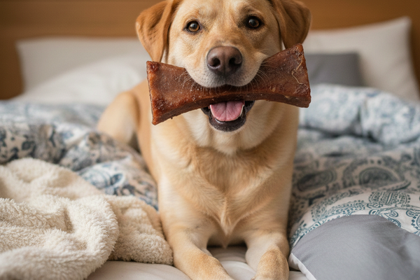 Happy dog chewing a bone
